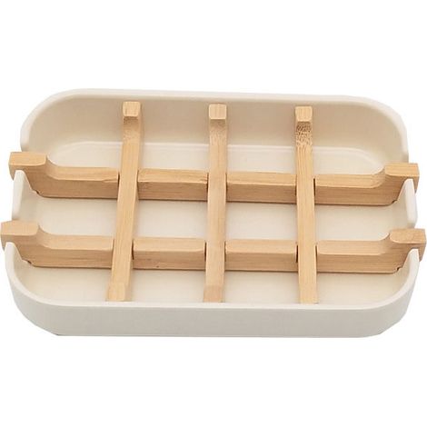 Porte-savon de salle de bain en bambou (blanc), bac à douche, accessoire de salle de bain unisexe (1/5)