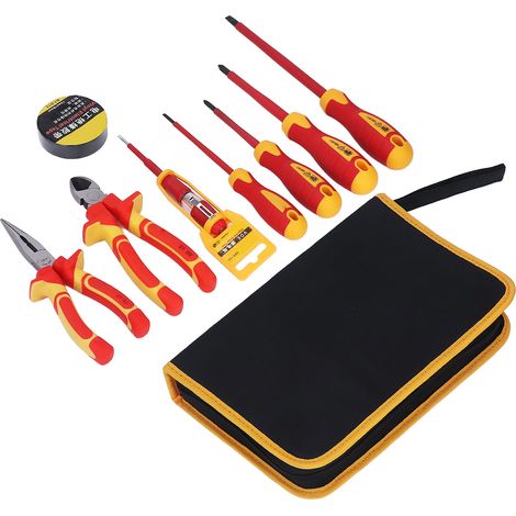 Jeu de tournevis et pinces d'électricien haute dureté, isolés 1000V, avec tournevis testeur de tension et ruban isolant. (1/5)