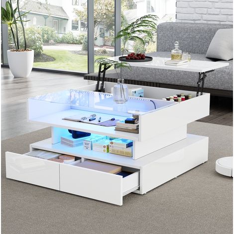 Table basse 80x80x45 cm blanche avec plateau relevable, LED et rangement, verre trempé MEUBLIV (1/5)