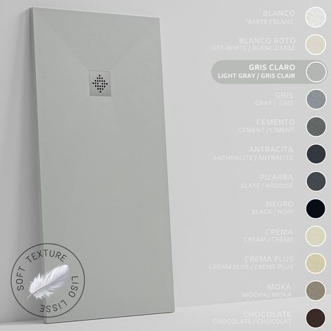 SOULHOME Plato de Ducha - Resina - Gel Coat - Textura Liso Seda - Antideslizante - Color Gris Claro - 75x75- Extraplano 3cm. Standard (1/5)