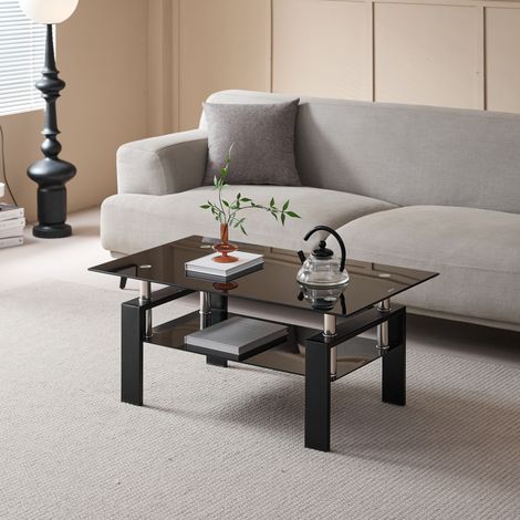 REDOM Couchtisch 100x60x44 cm, zweistufige Tischplatte, platzsparend, Glas und Metall, Schwarz (1/5)