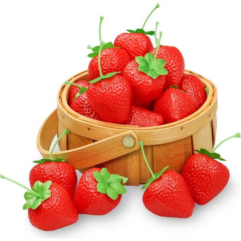 Fraise Artificielle - 20 Pièces en Plastique Réaliste avec Feuilles Vertes et Tiges - Décoration Table Fête Mariage Boutique Cuisine - 4,5 x 5 cm (1/5)