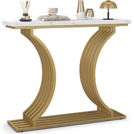 Table console dorée 99 cm avec plateau en faux marbre et étagère de rangement, piètement métal stable pour entrée, couloir et salon (1/5)