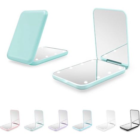 Miroir de Maquillage Led, Vert Menthe, 5 mm, Miroir de Main Pliable, 8× LED 2835, Grossissement 2×, Pile 2 × Cr2032, Lumière du Jour 6500 K (1/5)