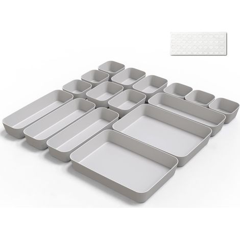 Lot de 16 organisateurs de tiroirs - En plastique - Avec tapis en silicone - Gris clair (1/5)