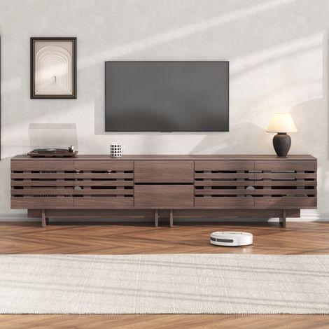 Meuble TV 200x39,5x55 cm - Banc TV pour Écrans jusqu'à 80 Pouces avec 4 Portes et 2 Tiroirs Style Rétro - Couleur Noyer (1/5)