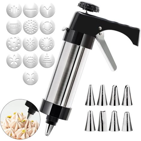Ausstechformen-Set, bestehend aus 13 Edelstahlformen, 8 Spritztüllen, einem Teigschneider und Backzubehör.