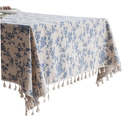 Nappe rectangulaire en coton et lin à motif floral bleu 140 x 180 cm avec coutures à pompons, couverture de table pastorale vintage pour cuisine, salle manger, pique-nique, décoration de maria (1/5)