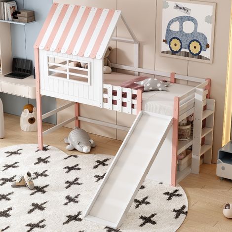 Lit mezzanine enfant 90x200 cm avec toboggan et rangements, design toit de maison, lit cabane fille en bois massif avec échelle, rose (1/5)