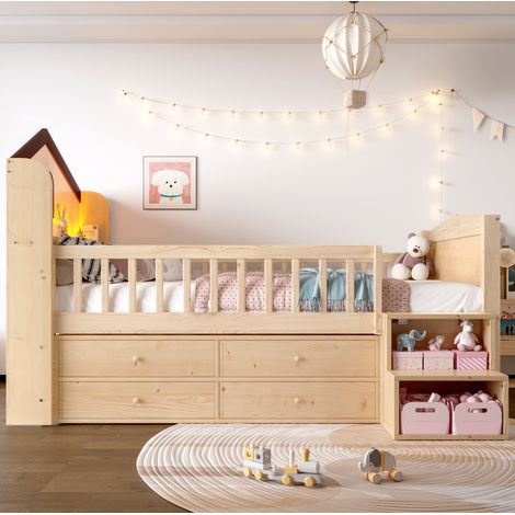 Lit mezzanine enfant 90x200 cm en bois naturel, avec rangement, gain de place chambre FloraGrace (1/5)