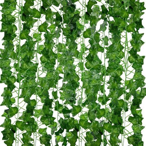 Guirlandes de Lierre Artificiel - Lot de 12, Longueur de 210cm - Vignes Faux Tombante Réalistes pour Décoration Chambre et Jardin Intérieure/Extérieure, Fausse Plantes en Plastique Vertes (1/5)