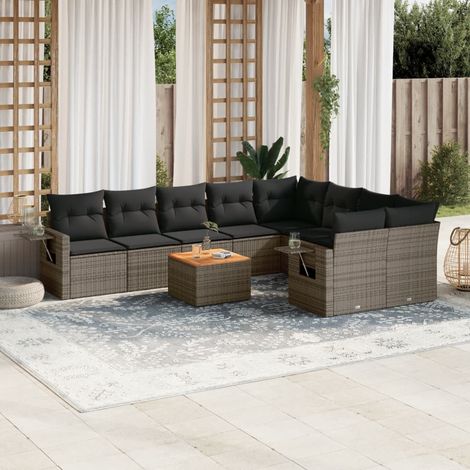 Salon de jardin bas 10 pcs en résine tressée gris et bois d'acacia avec coussins - PANGIVO (1/5)
