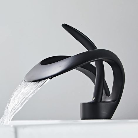 Robinet Salle Bain Cascade Mitigeur Lavabo Chaude et Froide Réglable,Robinet Lavabo en Laiton Monotrou Sur Plage,Valve en Céramique, Robinetterie Salle de Bains,Noir