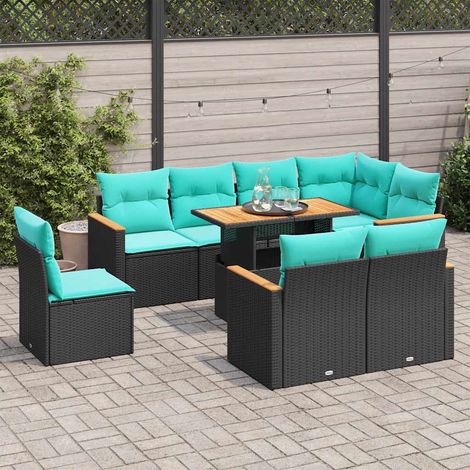 Salon de jardin 9 pièces avec coussins bleus, résine tressée noire et table réglable - PANGIVO (1/5)