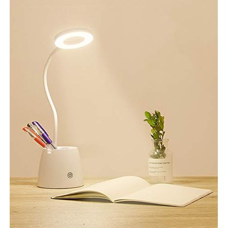 Lampe de bureau LED Port USB de chargement, 3 modes d’éclairage, lumière respectueuse des yeux, commande tactile, col de cygne flexible, support téléphone & stylo