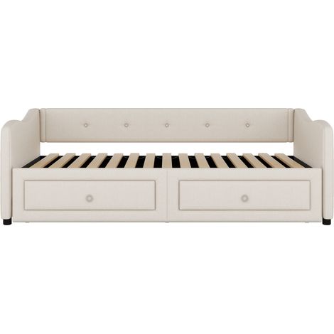 Cama nido 90x200 cm con cama extraíble y 2 cajones, beige, lino y MDF, sin colchón, HOMVRA (1/5)