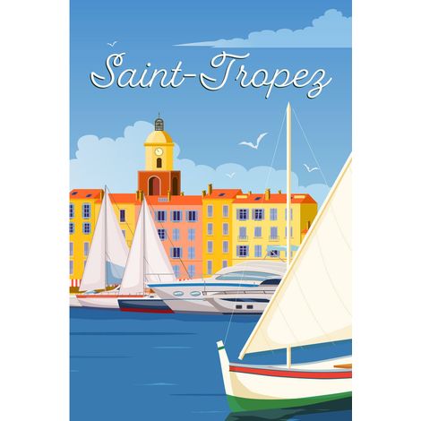 Tableau sur toile illustration bateaux à Saint-Tropez 30x45 cm - Impression sur Toile Murale Décorative - Image imprimée en HD sur Toile - Toile sur Châssis en Bois FSC - Fabriqué en France (1/5)