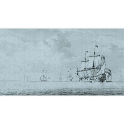 Papier peint panoramique vintage maritime Tapisserie panoramique mer & bateau effet aquarelle Papier peint panoramique bleu salle de bain (1/2)
