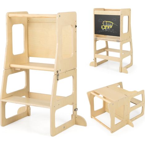 Torre apprendimento da cucina pieghevole per bambini 3 in 1, Sgabello montessori per bambini con lavagna Naturale (1/4)
