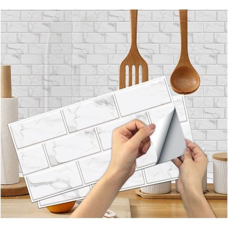 6 pièces Stickers Carrelage Cuisine(Blanc), Autocollant en Tuile Auto-Adhésif Sticker Imperméable en PVC Autocollants de Carreaux Carrelage Adhesif Mural Autocollant pour Salle de Bains et Cuisine (1/5)
