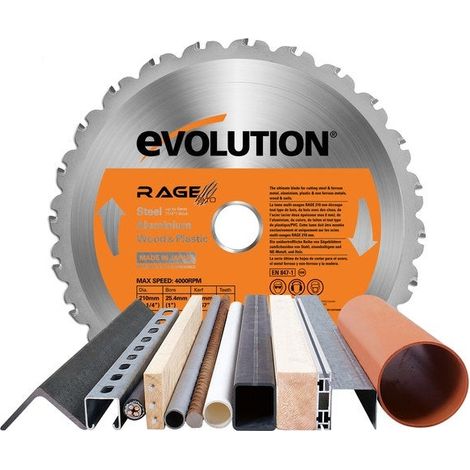 Evolution – Lame carbure 210 mm pour scie à onglet – 24 dents – Coupe acier, aluminium, bois avec clous – Alésage 25.4 mm – Technologie RAGE (1/7)