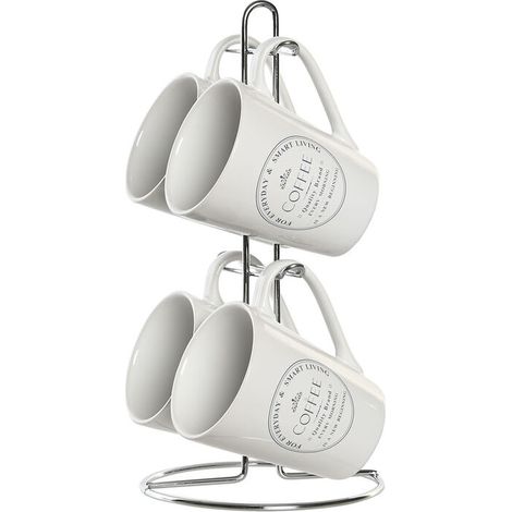 Set of Tassen mit Teller dkd home decor white metal gres 300 ml 14 x 14 x 14 x 31 cm 12,5 x 9,5 x 10,5 cm (5 Stück) (1/3)