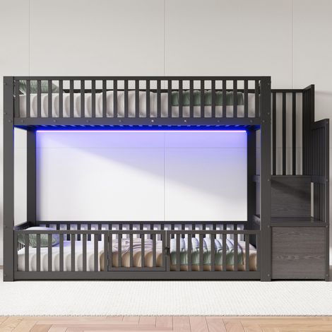 Lit superposé de 90x200 avec échelle de rangement,avec LED,noir. (1/5)