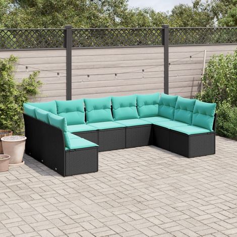 9-teiliges Gartensofa-Set mit Kissen, schwarzes Polyrattan (1/5)