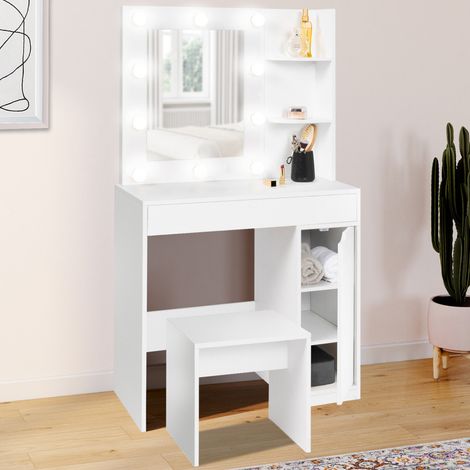 Mueble de tocador ZELIA con espejo LED, 1 cajón, estantes, armario y taburete (1/5)