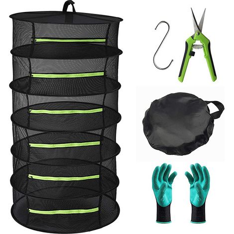 Filet de Séchage Suspendu Pliable 6 Couches Panier de Séchage Grand Porte-Sèche Filet de Rangement Tente Herbe Bud Plant Sécher avec Sécateur pour Culture Hydroponique, Crochet et Gants