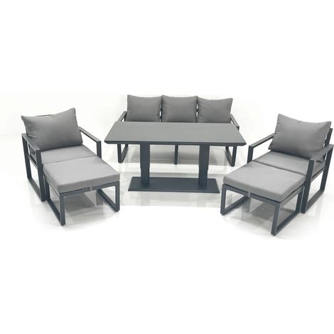 Fimous Outdoor Aluminium Garden Furniture Set with Adjustable Rising Lifting Dining Table 3 Seater Sofa 2 Chair 2 Big Footstools Dark Grey (1/5)