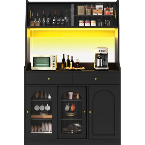 Armoire de cuisine, armoire haute, vitrine, buffet avec étagères réglables, meuble de salle à manger avec 2 tiroirs, buffet avec éclairage LED, couleurs de lumière variables, noir (1/5)