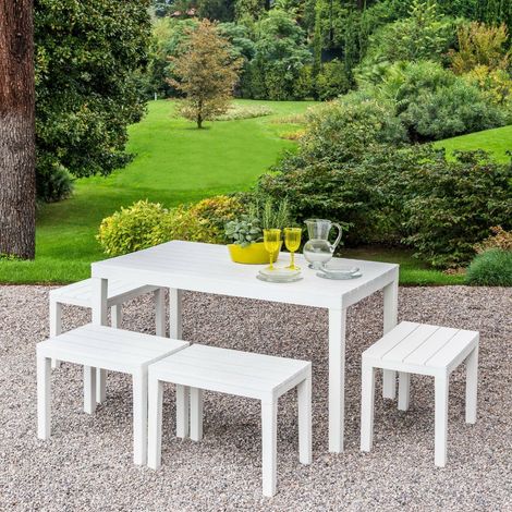Dmora - Salón de Jardín Dmascar, Conjunto de jardín con 1 mesa rectangular y 4 bancos, Conjunto de interior y exterior para Pic Nic, 100% Made in Italy, Blanco (1/4)