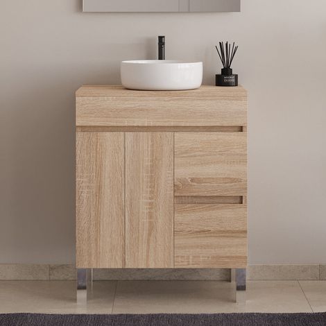 Meuble de salle de bain 80cm sur pieds avec plateau et une cuve à poser ronde - sans miroir - portes et tiroirs - cambrian (chêne clair) - HARO (1/5)