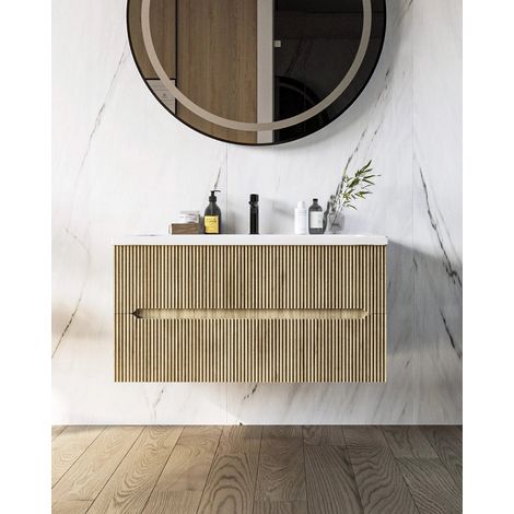 Mobile bagno teak 90x46 cannettato Urbino con lavabo in ceramica lucida (1/5)