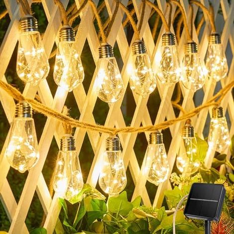 Guirlande Lumineuse Solaire Extérieure - 30 Pièces - 15 Ampoules Incassables - 8 Modes - Cordon en Corde de Chanvre - Blanc Chaud - 2700 K (1/5)