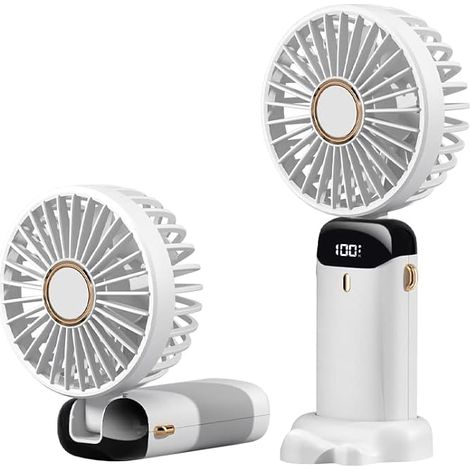 Kleiner tragbarer weißer Akku-Ventilator mit Batterieanzeige, Handbrecher mit integriertem Tischständer. (1/5)