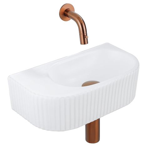 QeramiQ Fuente Ensemble de Lavabo - 40x21.5x12cm - strié - demi-rond - céramique - ensemble de robinet en cuivre brossé - bouchon de vidange - siphon