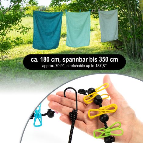 stendibiancheria da viaggio - 180-350 cm per linea - Stendibiancheria da campeggio con elastico riflettente - Stendibiancheria con 12 clip metalliche ciascuna (colorato/nero) (1/4)