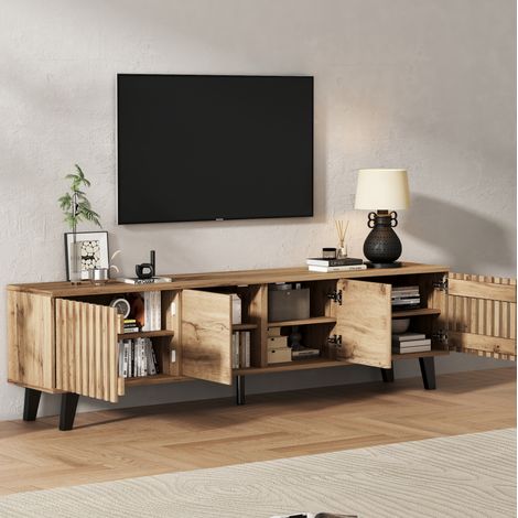 TV-Schrank aus Spanplatte, Holzfarbe/Schwarz, 180,0 x 40,0 x 55,0 cm, 8 Fächer, 4 Türen, für TVs bis 70 Zoll (1/5)