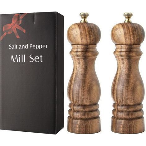 Ensemble moulin à poivre et salière en bois (2 pièces) — Fabriqué en bois d'acacia de qualité supérieure avec broyeurs en céramique réglables — 18 cm (7 pouces) (1/5)
