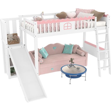 Letto a soppalco letto singolo con LED, 3 mensole e scivolo, 90 x 200 cm, senza materasso (1/5)