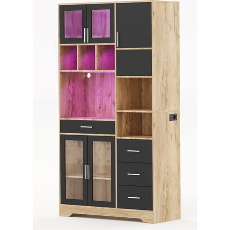 Armoire de cuisine noire avec éclairage LED et prise électrique, 185x100x40 cm