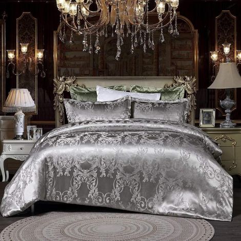 Bettwäsche-Set Jacquard 220x240cm Silber Wendebettwäsche Microfaser Grau Blumenmuster