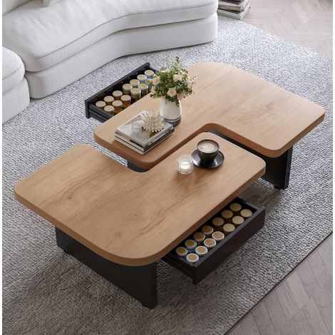 Tavolino da caffè 90x60x44.5 cm con LED, due cassetti, design 2 in 1, MDF, naturale (1/5)