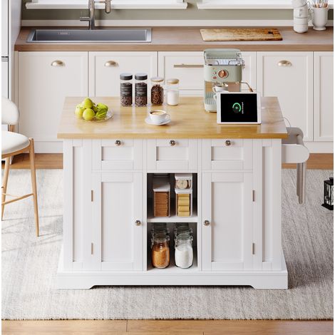 Isla de cocina 132 x 40(70) x 87 cm con encimera abatible, 4 ruedas, enchufe y USB HAVRYA (1/5)
