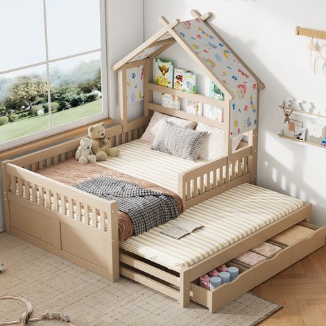 Bett mit Stauraum Kiefernholz/MDF in Cream 140x200 cm, hausförmig mit Ausziehbett und 3 Schubladen (1/5)