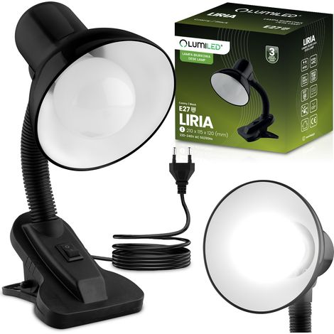 Lampada da scrivania regolabile Liria School Night E27 con clip, nera e illuminata (1/5)