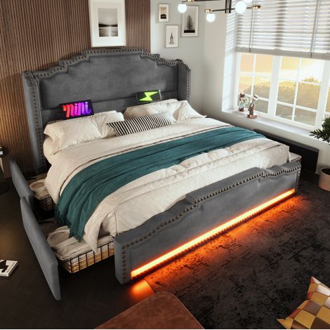 Letto adulti 160x200 cm con 4 cassetti, illuminazione LED con telecomando, porta di ricarica USB-C, rete a doghe, rivestimento in velluto, grigio, senza materasso (1/5)