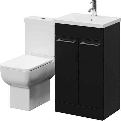 Alessio Matt Black 500mm Vanity Unit and Toilet Suite including Open Back Toilet and Floor Standing Vanity Unit with 2 Doors and Chrome Handles (1/5)